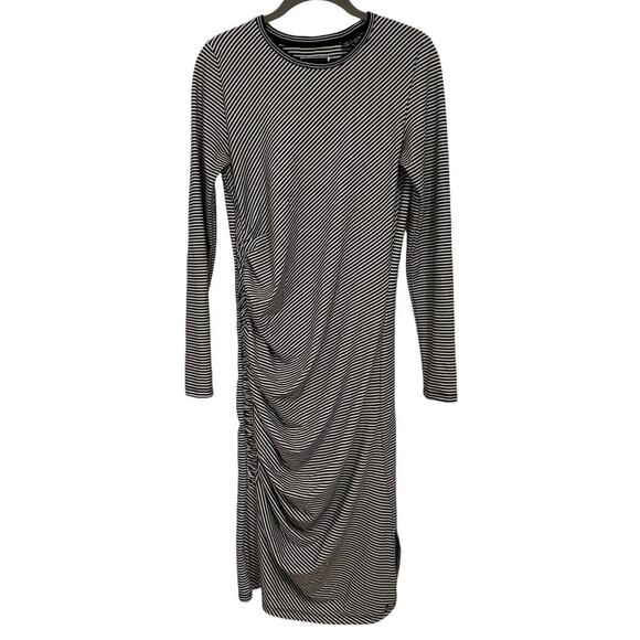 The Superdry Rouched Midi Long Sleeve Dress Black Stripe Sz 8 Side Slit - Picture 2 of 8